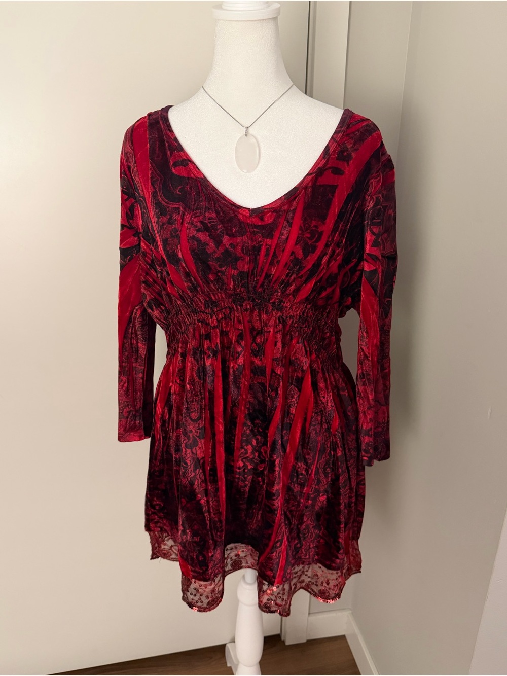 live and let live Red Velvet V-Neck Smocked Tunic with Lace Hem